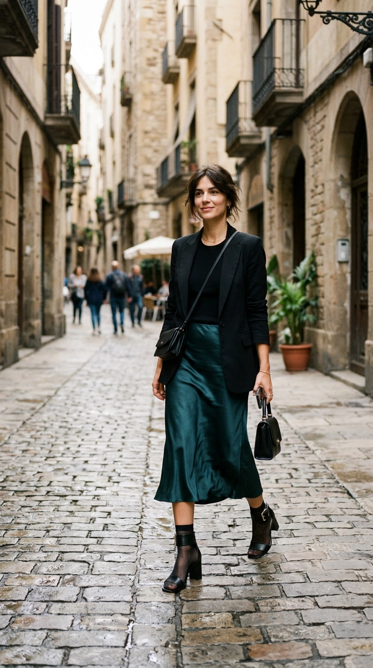 A chic woman on a cobblestone street wearing a silk midi skirt and black heels with thick ankle straps that visually shorten her legs, photorealistic luxury editorial fashion street style, shot on 35mm lens, highly detailed, ultra-realistic, soft natural lighting, editorial aesthetic, no text, no typography --ar 9:16