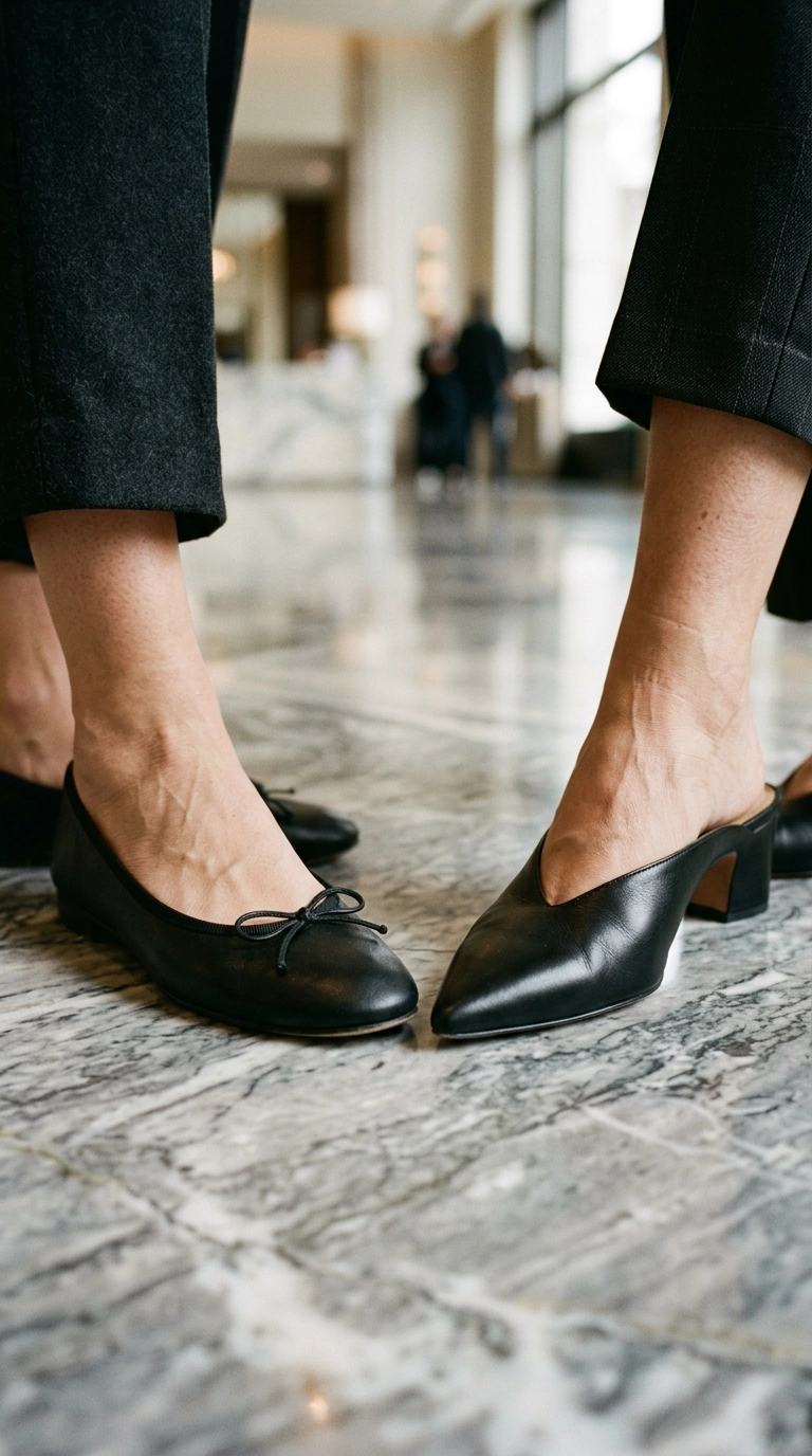 A close up of a woman's feet in blunt round-toed ballet flats compared to sleek pointed-toe mules on a marble floor, photorealistic luxury editorial fashion street style, shot on 35mm lens, highly detailed, ultra-realistic, soft natural lighting, editorial aesthetic, no text, no typography --ar 9:16