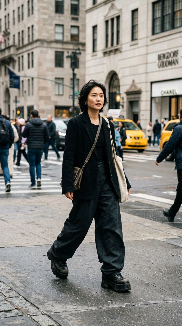 A petite woman walking in New York wearing massive chunky platform boots and wide-leg trousers that look heavy and out of proportion, photorealistic luxury editorial fashion street style, shot on 35mm lens, highly detailed, ultra-realistic, soft natural lighting, editorial aesthetic, no text, no typography --ar 9:16