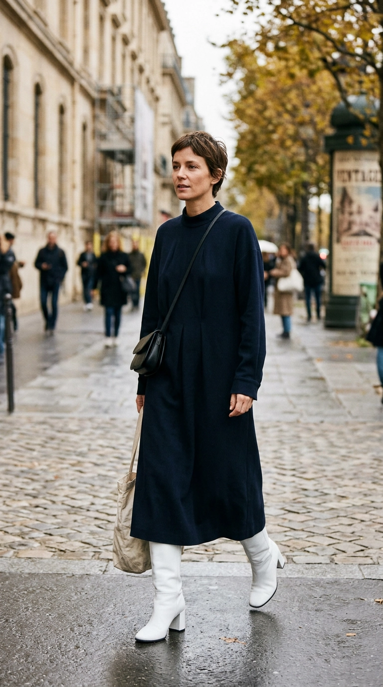 A fashion editor in a dark navy midi dress and stark white boots that create a harsh horizontal line at the mid-calf, photorealistic luxury editorial fashion street style, shot on 35mm lens, highly detailed, ultra-realistic, soft natural lighting, editorial aesthetic, no text, no typography --ar 9:16