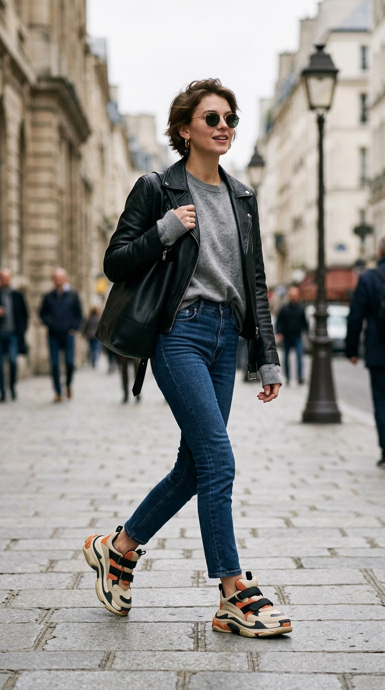 A woman in slim-fit denim and massive, overly padded designer sneakers that look out of proportion with her small frame, photorealistic luxury editorial fashion street style, shot on 35mm lens, highly detailed, ultra-realistic, soft natural lighting, editorial aesthetic, no text, no typography --ar 9:16