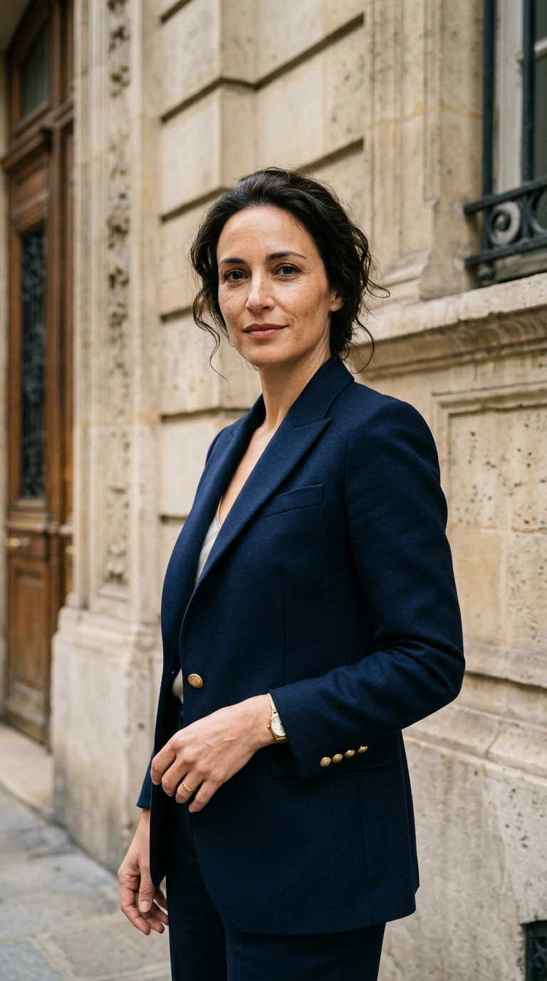 Close-up of a woman wearing a sharp navy blue power blazer with perfectly aligned shoulder seams, standing against a limestone building, photorealistic luxury editorial fashion street style, shot on 35mm lens, highly detailed, ultra-realistic, soft natural lighting, editorial aesthetic, no text, no typography --ar 9:16