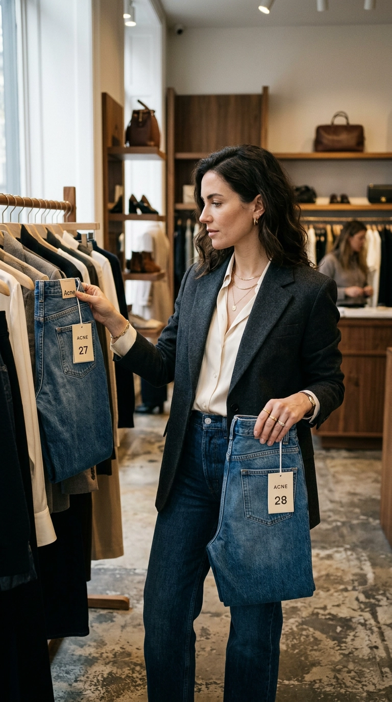 A chic woman in a luxury boutique holding two pairs of high-waisted denim jeans with different size tags, photorealistic luxury editorial fashion street style, shot on 35mm lens, highly detailed, ultra-realistic, soft natural lighting, editorial aesthetic, no text, no typography --ar 9:16