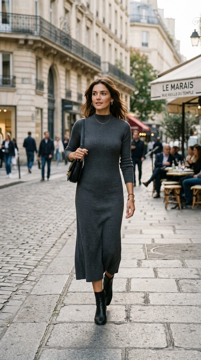 A woman wearing a sophisticated midi-length knit dress in charcoal grey, showing a smooth silhouette without pulling, photorealistic luxury editorial fashion street style, shot on 35mm lens, highly detailed, ultra-realistic, soft natural lighting, editorial aesthetic, no text, no typography --ar 9:16