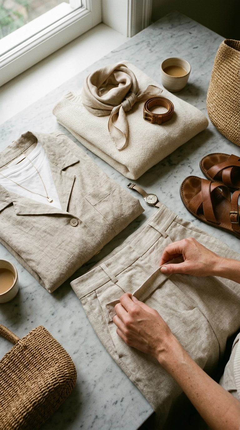 A flat lay of luxury linen and cotton garments in neutral tones on a marble surface with soft morning light, photorealistic luxury editorial fashion street style, shot on 35mm lens, highly detailed, ultra-realistic, soft natural lighting, editorial aesthetic, no text, no typography --ar 9:16