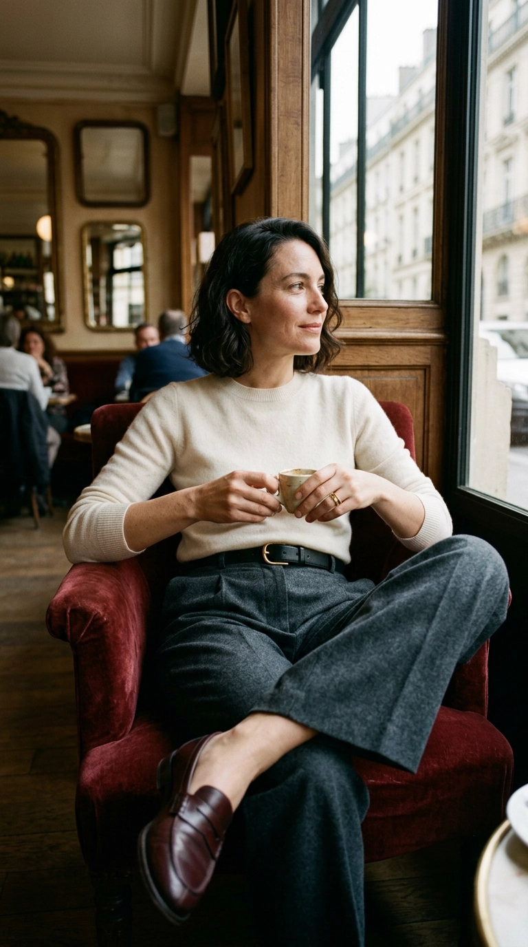 A woman sitting gracefully on a velvet chair in a Parisian cafe, wearing tailored trousers that don't pinch at the waist, photorealistic luxury editorial fashion street style, shot on 35mm lens, highly detailed, ultra-realistic, soft natural lighting, editorial aesthetic, no text, no typography --ar 9:16