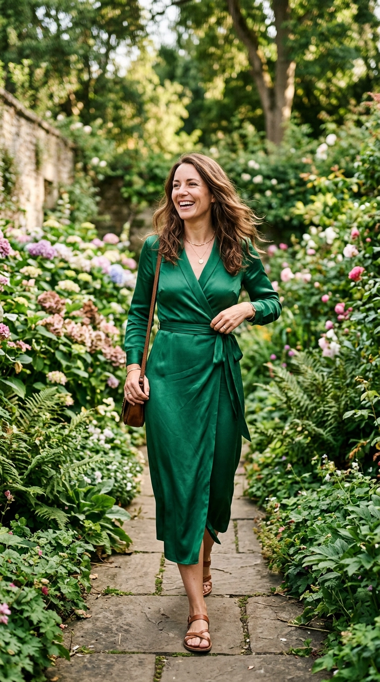 A woman smiling while wearing a perfectly fitted silk wrap dress in a lush garden setting, photorealistic luxury editorial fashion street style, shot on 35mm lens, highly detailed, ultra-realistic, soft natural lighting, editorial aesthetic, no text, no typography --ar 9:16
