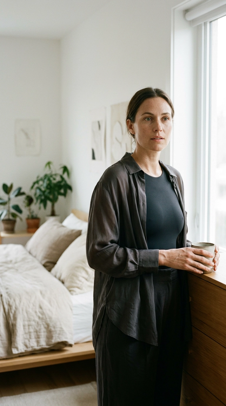 A woman in a minimalist bedroom wearing a sleek base layer bodysuit under a sheer silk blouse, photorealistic luxury editorial fashion street style, shot on 35mm lens, highly detailed, ultra-realistic, soft natural lighting, editorial aesthetic, no text, no typography --ar 9:16