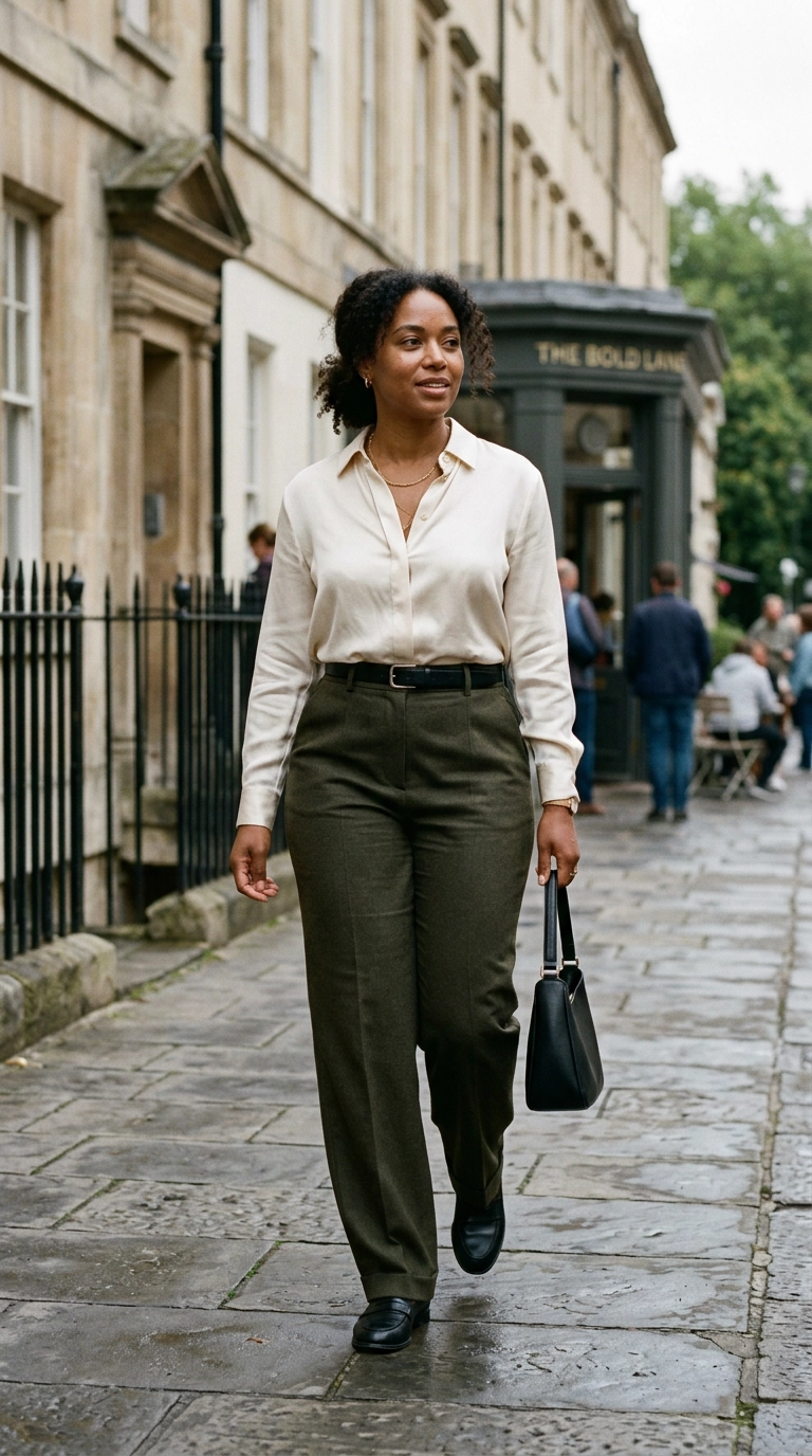 A pear-shaped model wearing expertly tailored high-waisted trousers and a tucked-in silk shirt, photorealistic luxury editorial fashion street style, shot on 35mm lens, highly detailed, ultra-realistic, soft natural lighting, editorial aesthetic, no text, no typography --ar 9:16