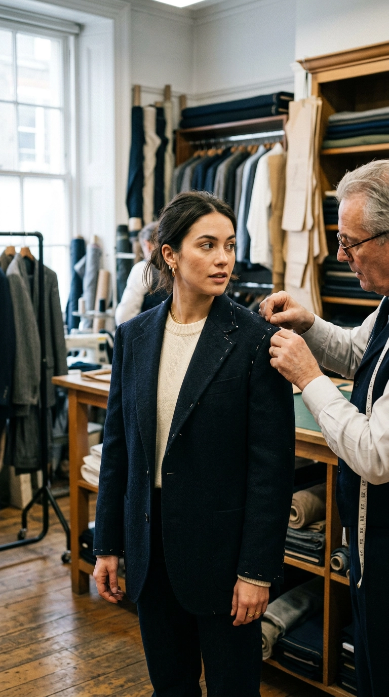 A high-end tailoring atelier with a woman being fitted for a bespoke wool blazer, pins visible on the fabric, photorealistic luxury editorial fashion street style, shot on 35mm lens, highly detailed, ultra-realistic, soft natural lighting, editorial aesthetic, no text, no typography --ar 9:16