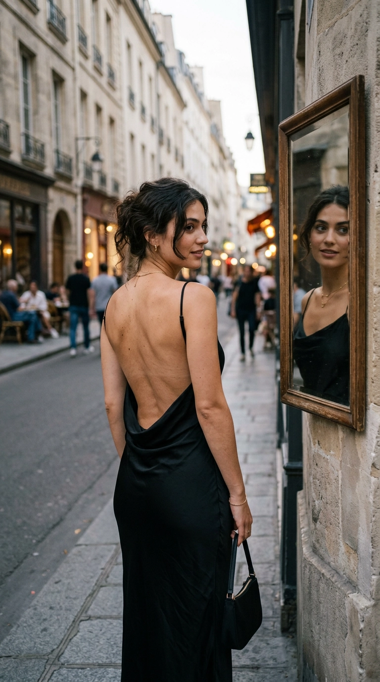 A woman looking over her shoulder into a mirror, showing the perfect fit of a backless black dress, photorealistic luxury editorial fashion street style, shot on 35mm lens, highly detailed, ultra-realistic, soft natural lighting, editorial aesthetic, no text, no typography --ar 9:16