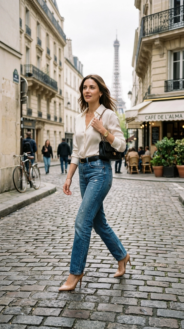 photorealistic luxury editorial fashion street style, shot on 35mm lens, highly detailed, ultra-realistic, soft natural lighting, editorial aesthetic. Full body shot of a woman in high-waisted straight-leg jeans and elegant pointed-toe nude heels, walking across a Parisian cobblestone street. No text. --ar 9:16