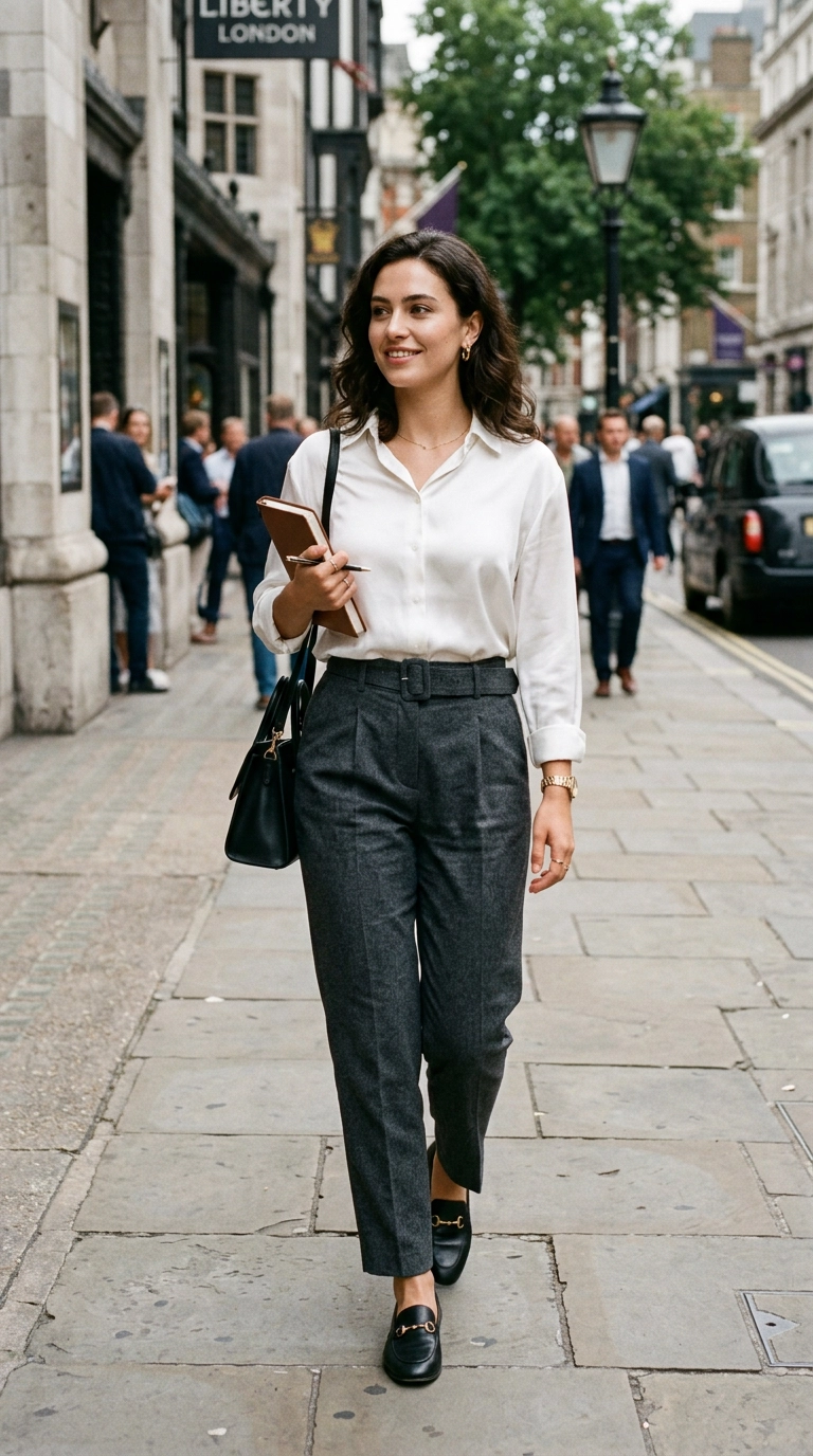 photorealistic luxury editorial fashion street style, shot on 35mm lens, highly detailed, ultra-realistic, soft natural lighting, editorial aesthetic. A woman wearing well-tailored high-waisted charcoal wool trousers and a crisp white silk blouse, mid-shot, urban city backdrop. No text. --ar 9:16