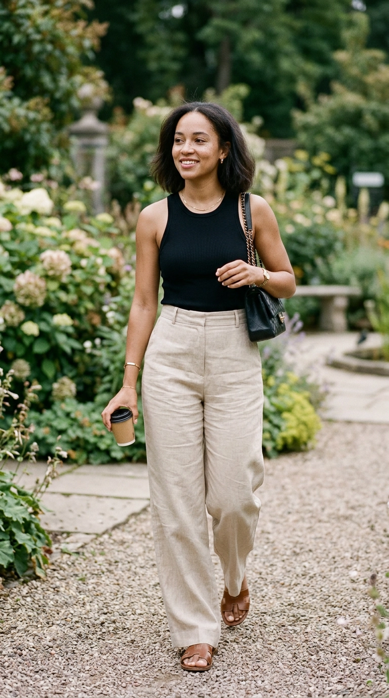 photorealistic luxury editorial fashion street style, shot on 35mm lens, highly detailed, ultra-realistic, soft natural lighting, editorial aesthetic. A woman in high-waisted beige linen trousers and a sleek tucked-in black tank top, soft focus garden background. No text. --ar 9:16