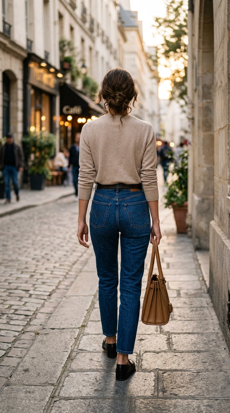 photorealistic luxury editorial fashion street style, shot on 35mm lens, highly detailed, ultra-realistic, soft natural lighting, editorial aesthetic. Back view of a woman in perfectly fitting high-waisted blue denim, showing high pocket placement, soft evening light. No text. --ar 9:16