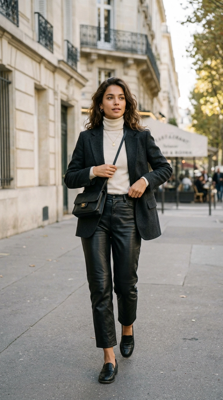 photorealistic luxury editorial fashion street style, shot on 35mm lens, highly detailed, ultra-realistic, soft natural lighting, editorial aesthetic. A woman in high-waisted black leather pants and a slim-fit cream cashmere turtleneck, editorial studio lighting. No text. --ar 9:16