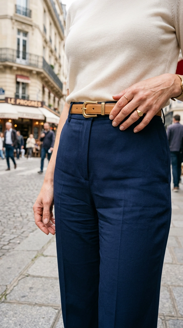 photorealistic luxury editorial fashion street style, shot on 35mm lens, highly detailed, ultra-realistic, soft natural lighting, editorial aesthetic. A woman wearing high-waisted navy silk trousers with a slim, elegant gold-buckle belt, detailed close-up of the waist area. No text. --ar 9:16
