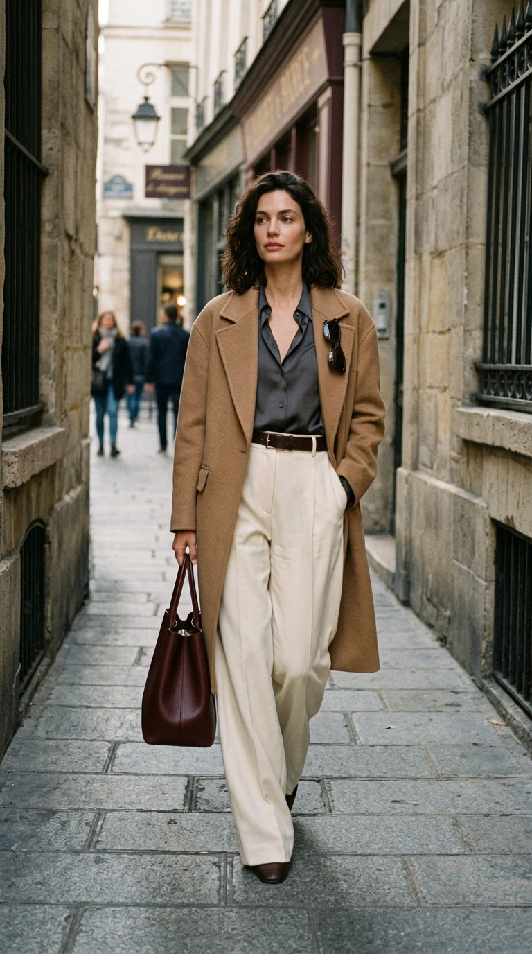 photorealistic luxury editorial fashion street style, shot on 35mm lens, highly detailed, ultra-realistic, soft natural lighting, editorial aesthetic. A woman in floor-length high-waisted wide-leg cream trousers, dramatic low-angle shot, luxury urban setting. No text. --ar 9:16