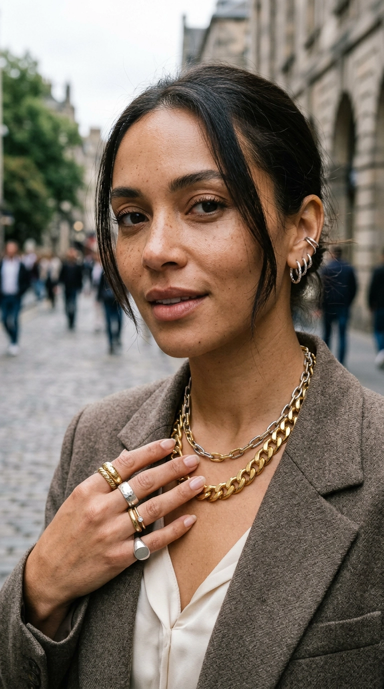 A close-up editorial shot of a woman wearing a mix of different gold and silver textures. She has a chunky gold chain necklace paired with delicate silver hoop earrings and a stack of mixed-metal rings. Photorealistic luxury editorial fashion street style, shot on 35mm lens, highly detailed, ultra-realistic, soft natural lighting, editorial aesthetic. No text or typography in the image. --ar 9:16