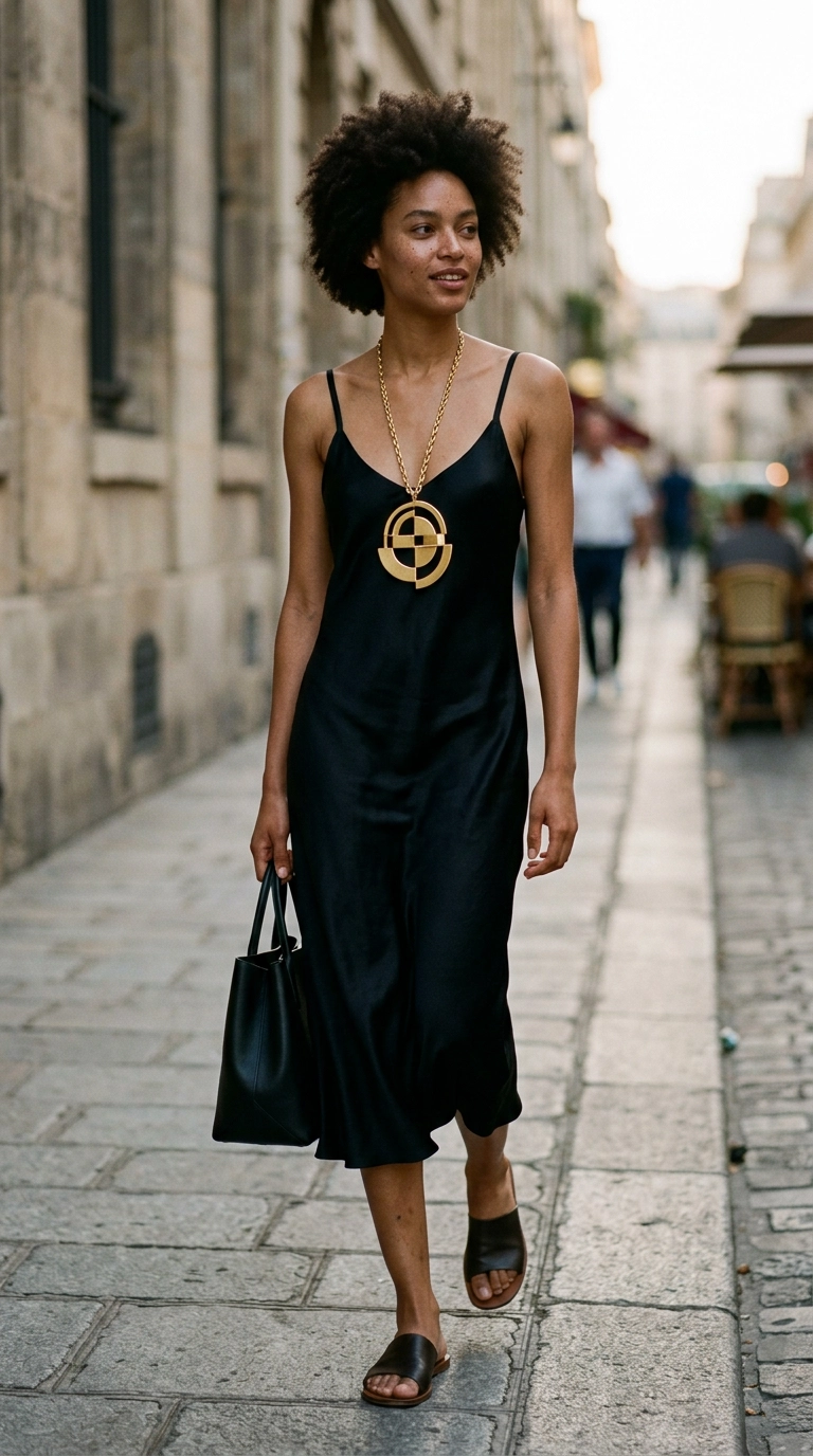 A fashion model wearing a simple black silk slip dress styled with a single, bold architectural gold pendant. The lighting is soft and cinematic, highlighting the clean lines of the jewelry. Photorealistic luxury editorial fashion street style, shot on 35mm lens, highly detailed, ultra-realistic, soft natural lighting, editorial aesthetic. No text or typography in the image. --ar 9:16