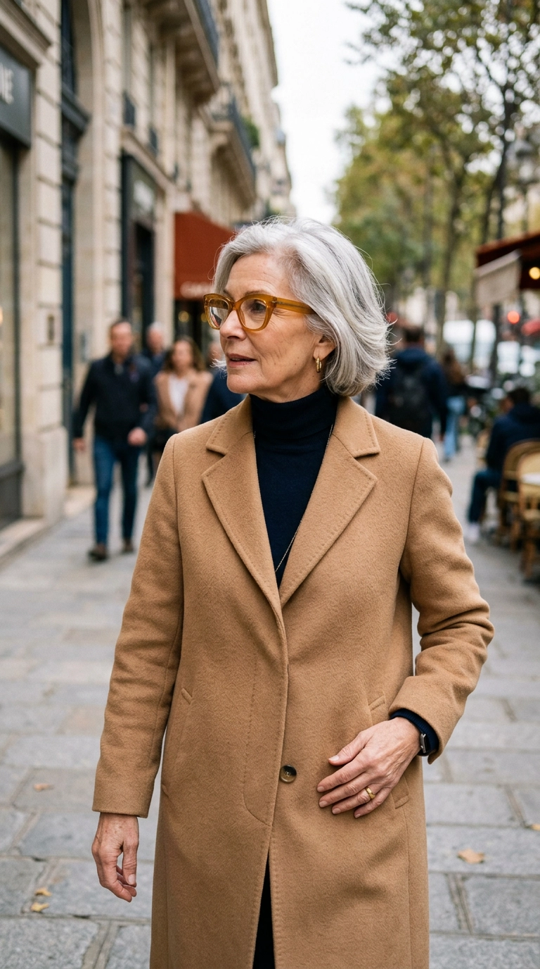 A woman with silver hair wearing thick, stylish cat-eye glasses in a transparent amber acetate. She is wearing a camel hair coat and looking away from the camera. Photorealistic luxury editorial fashion street style, shot on 35mm lens, highly detailed, ultra-realistic, soft natural lighting, editorial aesthetic. No text or typography in the image. --ar 9:16