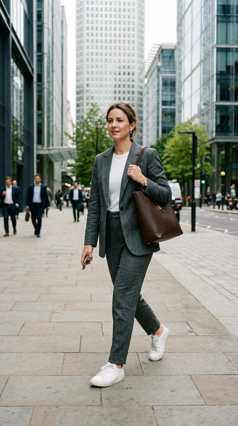 A full-body shot of a woman in a grey wool suit paired with sleek, minimalist white leather sneakers. She is carrying a structured leather tote and walking through a modern office district. Photorealistic luxury editorial fashion street style, shot on 35mm lens, highly detailed, ultra-realistic, soft natural lighting, editorial aesthetic. No text or typography in the image. --ar 9:16