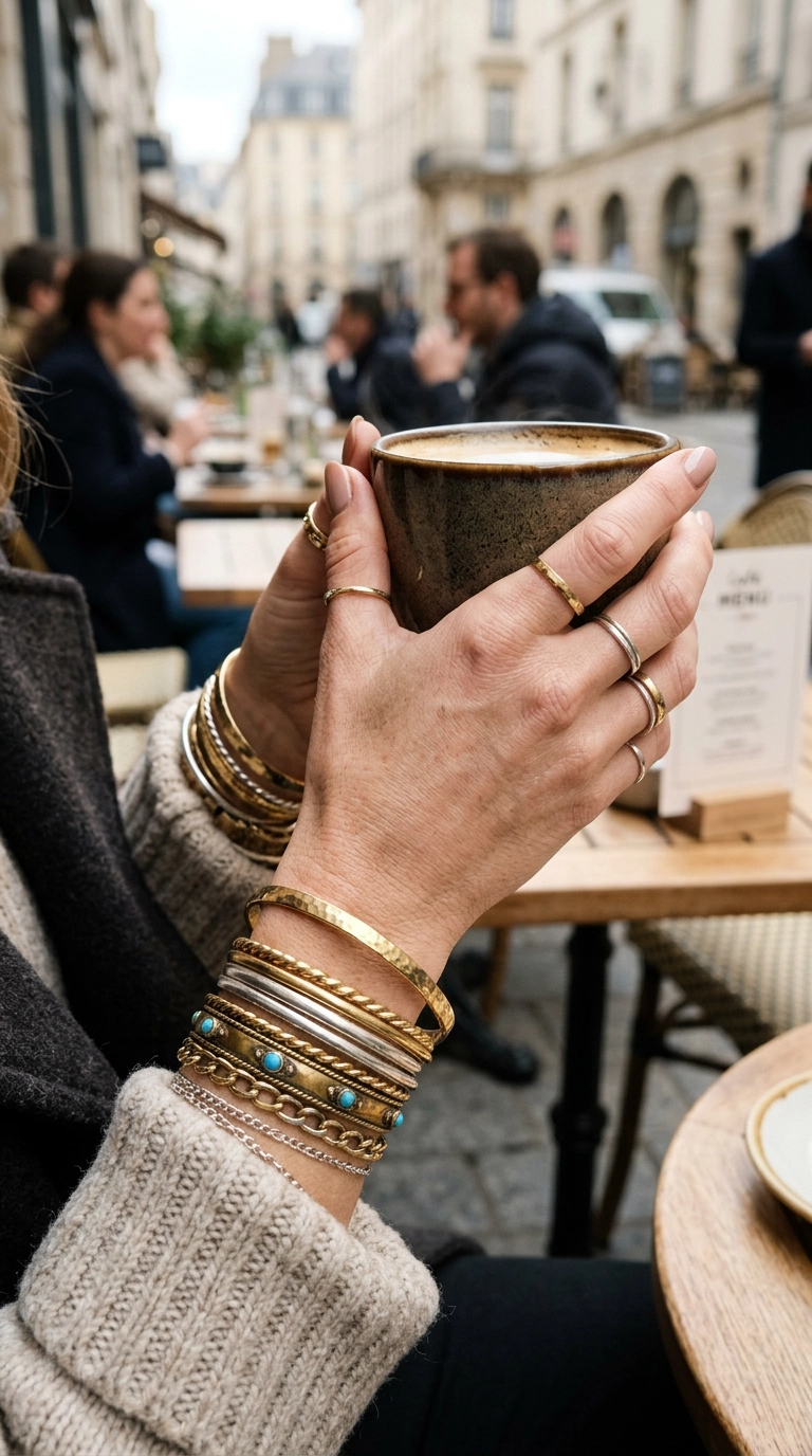 A close-up of a woman's hands holding a coffee cup, showing a stack of gold and silver bangles mixed together. Her nails are manicured in a neutral tone. Photorealistic luxury editorial fashion street style, shot on 35mm lens, highly detailed, ultra-realistic, soft natural lighting, editorial aesthetic. No text or typography in the image. --ar 9:16