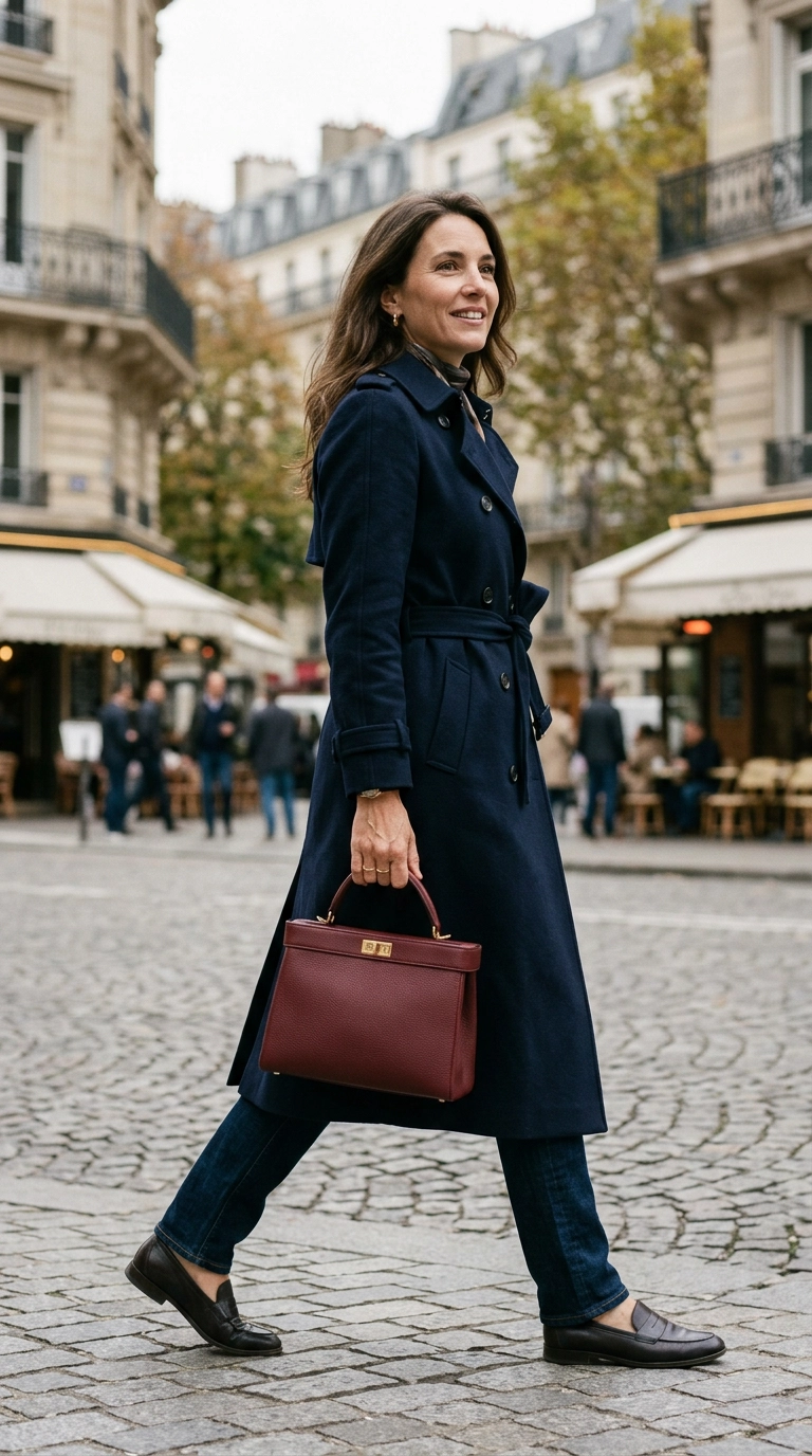A woman in a navy trench coat carrying a structured, boxy top-handle bag in a rich burgundy leather. The bag is clean-lined with minimal gold hardware. Photorealistic luxury editorial fashion street style, shot on 35mm lens, highly detailed, ultra-realistic, soft natural lighting, editorial aesthetic. No text or typography in the image. --ar 9:16