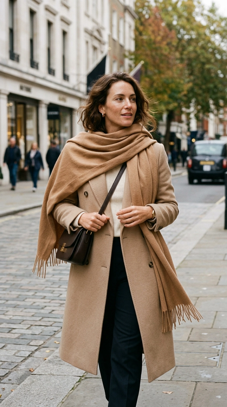 A woman wearing a large, high-quality cashmere scarf draped loosely over her shoulders over a beige wool coat. The scarf is not knotted but hangs naturally. Photorealistic luxury editorial fashion street style, shot on 35mm lens, highly detailed, ultra-realistic, soft natural lighting, editorial aesthetic. No text or typography in the image. --ar 9:16