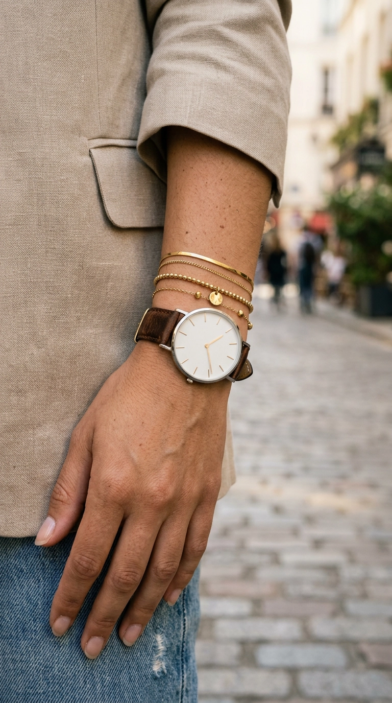 A close-up of a woman's wrist featuring a large, minimalist watch with a leather band and a few delicate gold bracelets stacked next to it. Photorealistic luxury editorial fashion street style, shot on 35mm lens, highly detailed, ultra-realistic, soft natural lighting, editorial aesthetic. No text or typography in the image. --ar 9:16