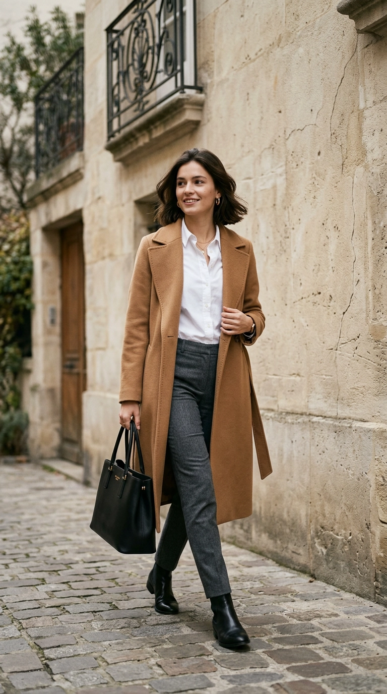 Photorealistic luxury editorial fashion street style, shot on 35mm lens, highly detailed, ultra-realistic, soft natural lighting, editorial aesthetic. A full-body shot of a woman wearing a perfectly tailored camel wool coat over slim-fit charcoal trousers and a crisp white shirt, standing against a minimalist stone wall. No text, no typography. --ar 9:16