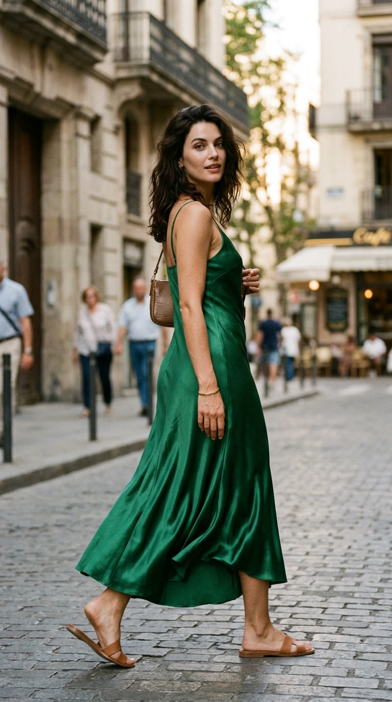 Photorealistic luxury editorial fashion street style, shot on 35mm lens, highly detailed, ultra-realistic, soft natural lighting, editorial aesthetic. A close-up of a woman in a fluid, draping emerald green satin slip dress that moves gracefully with her walk, soft outdoor lighting. No text, no typography. --ar 9:16