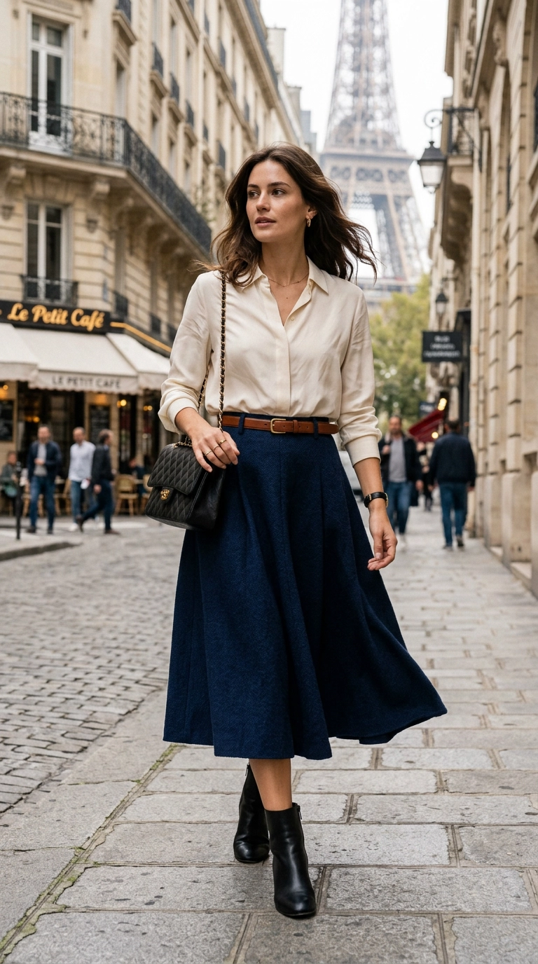 Photorealistic luxury editorial fashion street style, shot on 35mm lens, highly detailed, ultra-realistic, soft natural lighting, editorial aesthetic. A chic woman in a high-waisted navy midi skirt with a tucked-in cream silk blouse, cinched with a slim leather belt, Paris background. No text, no typography. --ar 9:16