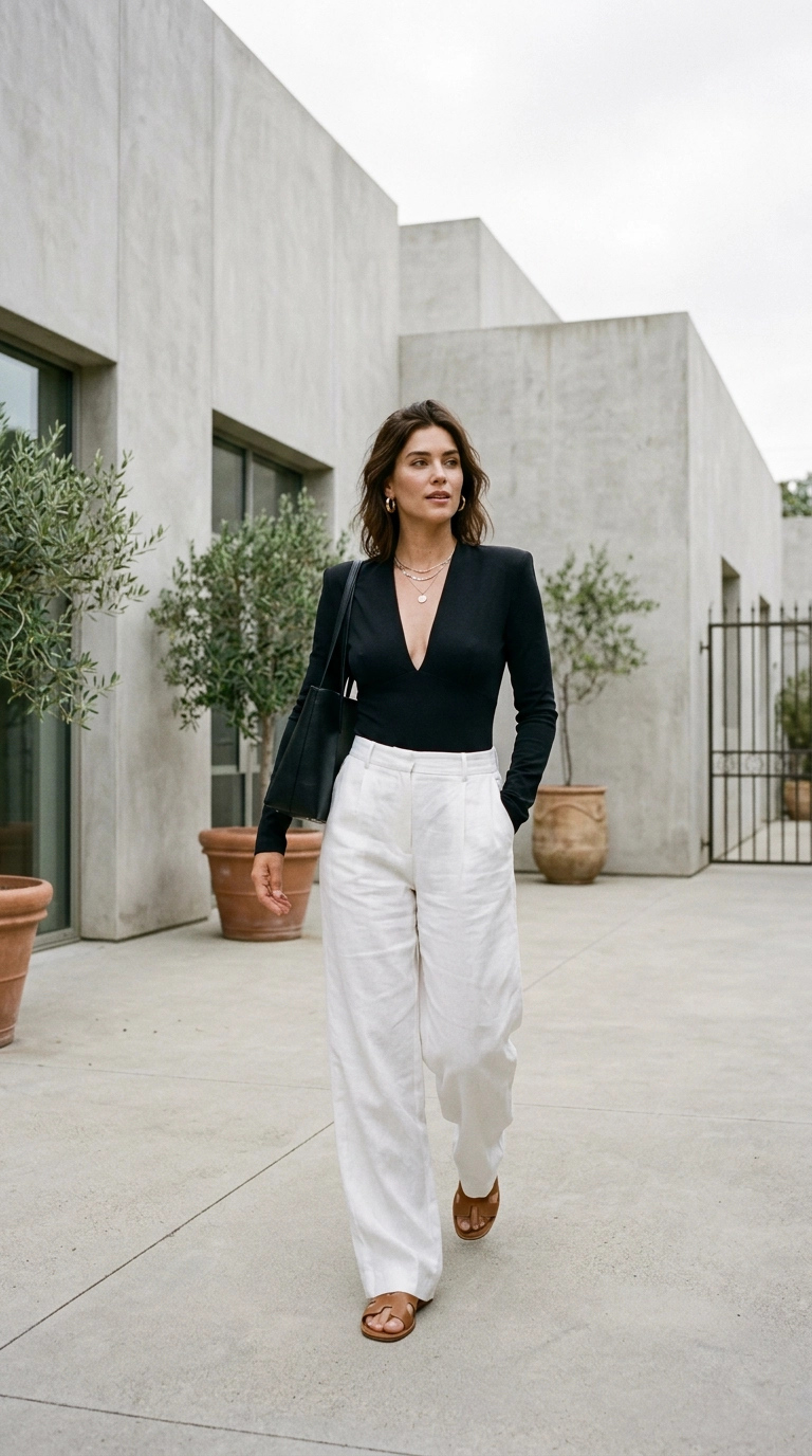 Photorealistic luxury editorial fashion street style, shot on 35mm lens, highly detailed, ultra-realistic, soft natural lighting, editorial aesthetic. A woman with an Inverted Triangle body shape wearing a deep V-neck black bodysuit and wide-leg white linen trousers, walking in a minimalist courtyard. No text, no typography. --ar 9:16