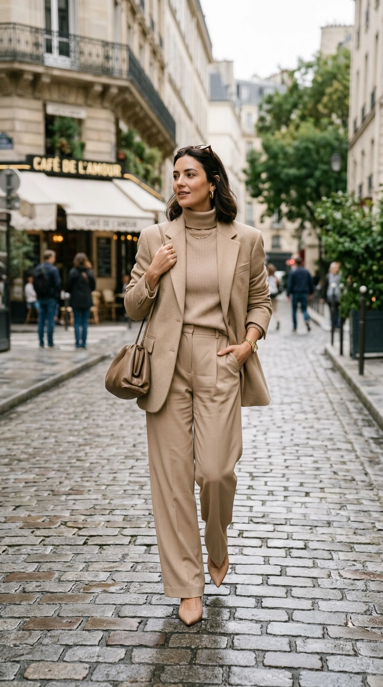 Photorealistic luxury editorial fashion street style, shot on 35mm lens, highly detailed, ultra-realistic, soft natural lighting, editorial aesthetic. A full-body shot of a woman in pointed-toe nude pumps and a monochrome beige outfit, standing on a cobblestone street. No text, no typography. --ar 9:16