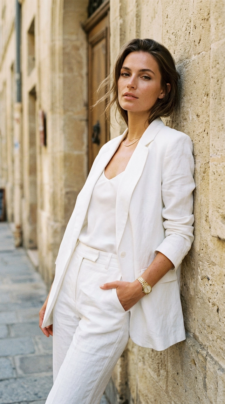 photorealistic luxury editorial fashion street style, shot on 35mm lens, highly detailed, ultra-realistic, soft natural lighting, editorial aesthetic. A model posing against a limestone wall wearing a crisp, high-end white linen suit. The undergarments are completely invisible despite the bright sunlight. Mid-shot. No text. --ar 9:16