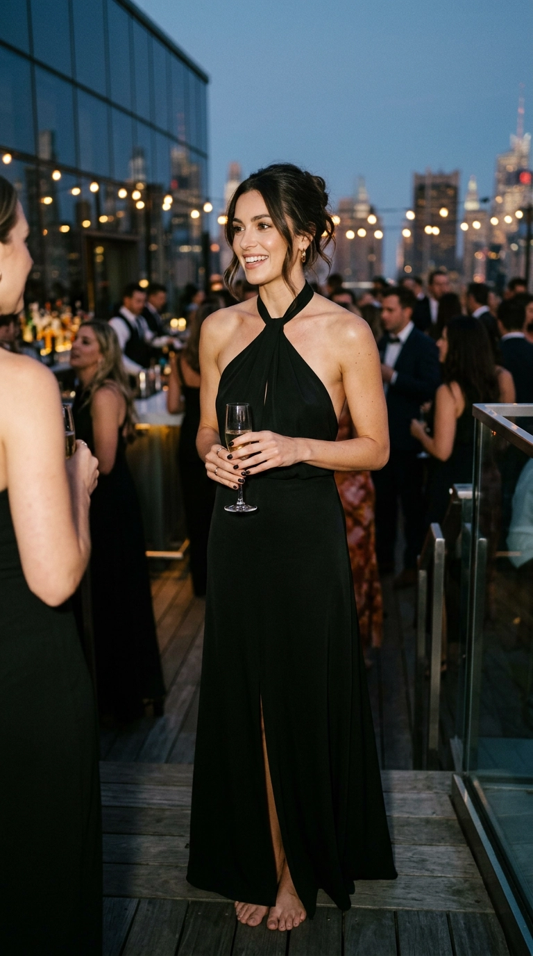 photorealistic luxury editorial fashion street style, shot on 35mm lens, highly detailed, ultra-realistic, soft natural lighting, editorial aesthetic. A woman at a rooftop event wearing an elegant black halter-neck gown. Her shoulders are bare and clean, with no visible bra straps. Evening lighting. No text. --ar 9:16