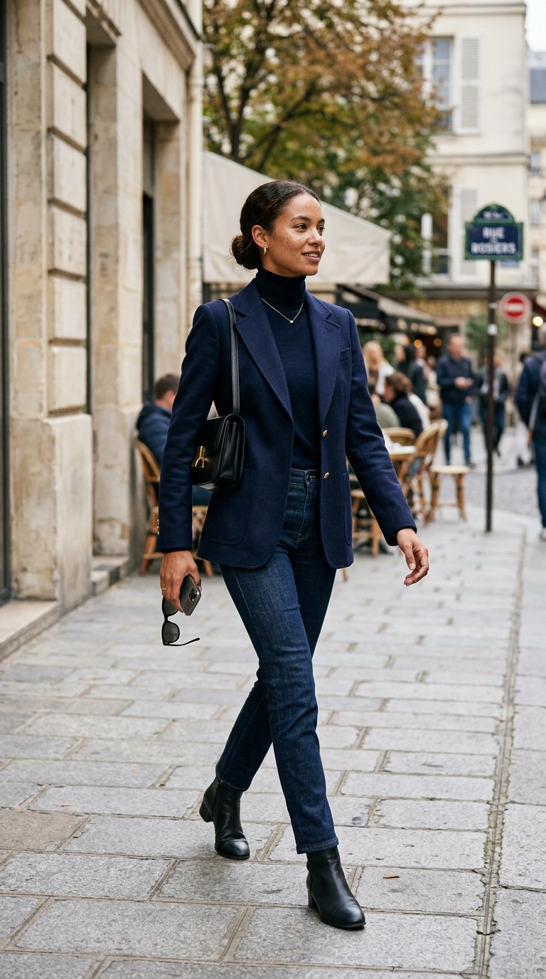 photorealistic luxury editorial fashion street style, shot on 35mm lens, highly detailed, ultra-realistic, soft natural lighting, editorial aesthetic. A woman in a tailored navy blue blazer and fitted turtleneck, looking sharp and poised. Her posture is excellent, showing a supported and lifted silhouette. No text. --ar 9:16