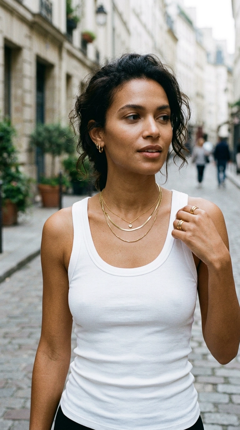 photorealistic luxury editorial fashion street style, shot on 35mm lens, highly detailed, ultra-realistic, soft natural lighting, editorial aesthetic. A close-up editorial shot of a woman wearing a tight-fitting white ribbed tank top and gold jewelry. The chest area shows a perfectly smooth silhouette without any lace texture showing through. No text. --ar 9:16
