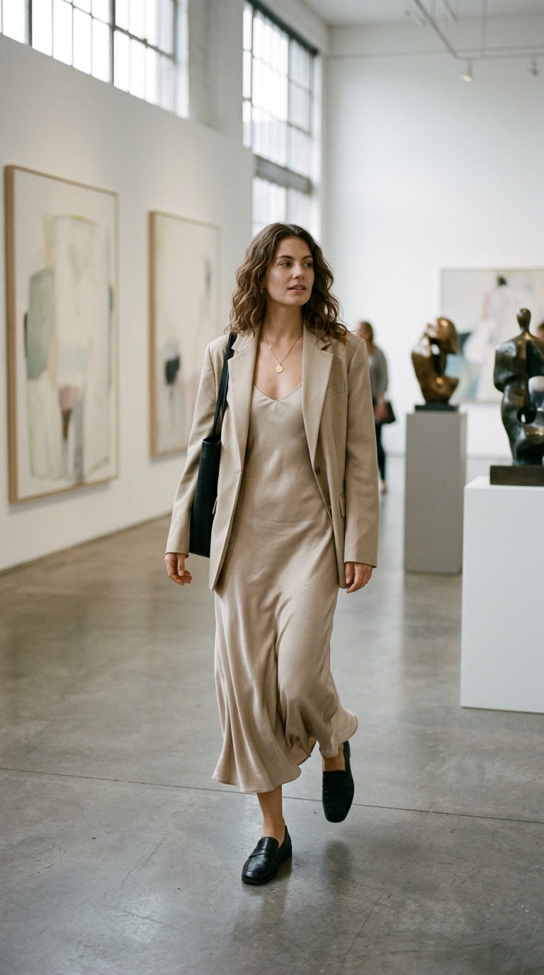 photorealistic luxury editorial fashion street style, shot on 35mm lens, highly detailed, ultra-realistic, soft natural lighting, editorial aesthetic. A woman in a flowing silk slip dress walking through a gallery. The fabric moves freely around her legs without sticking or clinging. Soft, airy atmosphere. No text. --ar 9:16