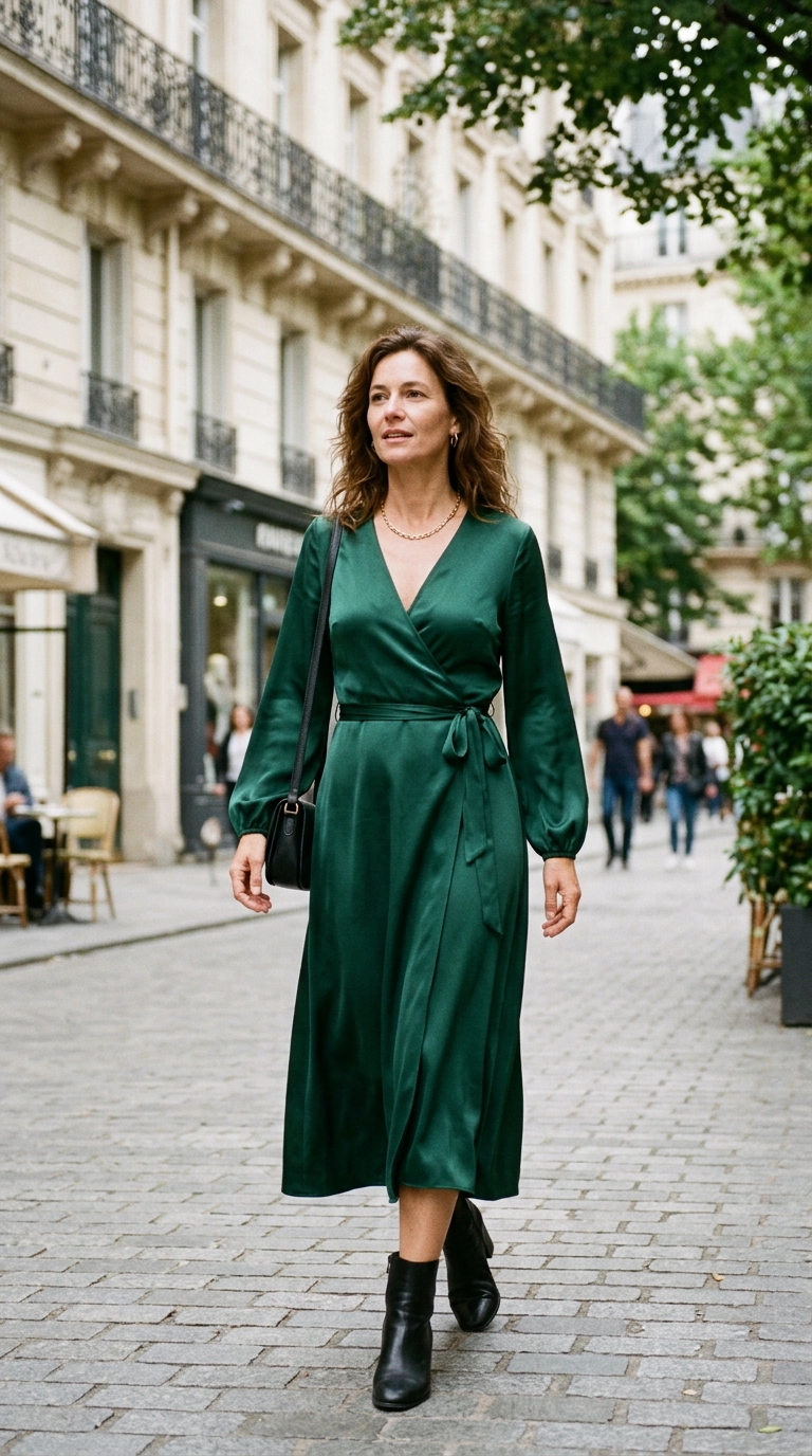 photorealistic luxury editorial fashion street style, shot on 35mm lens, highly detailed, ultra-realistic, soft natural lighting, editorial aesthetic. A woman wearing a sleek emerald green wrap dress that drapes perfectly. The lines are smooth and there are no visible indentations at the waist or thighs. No text. --ar 9:16