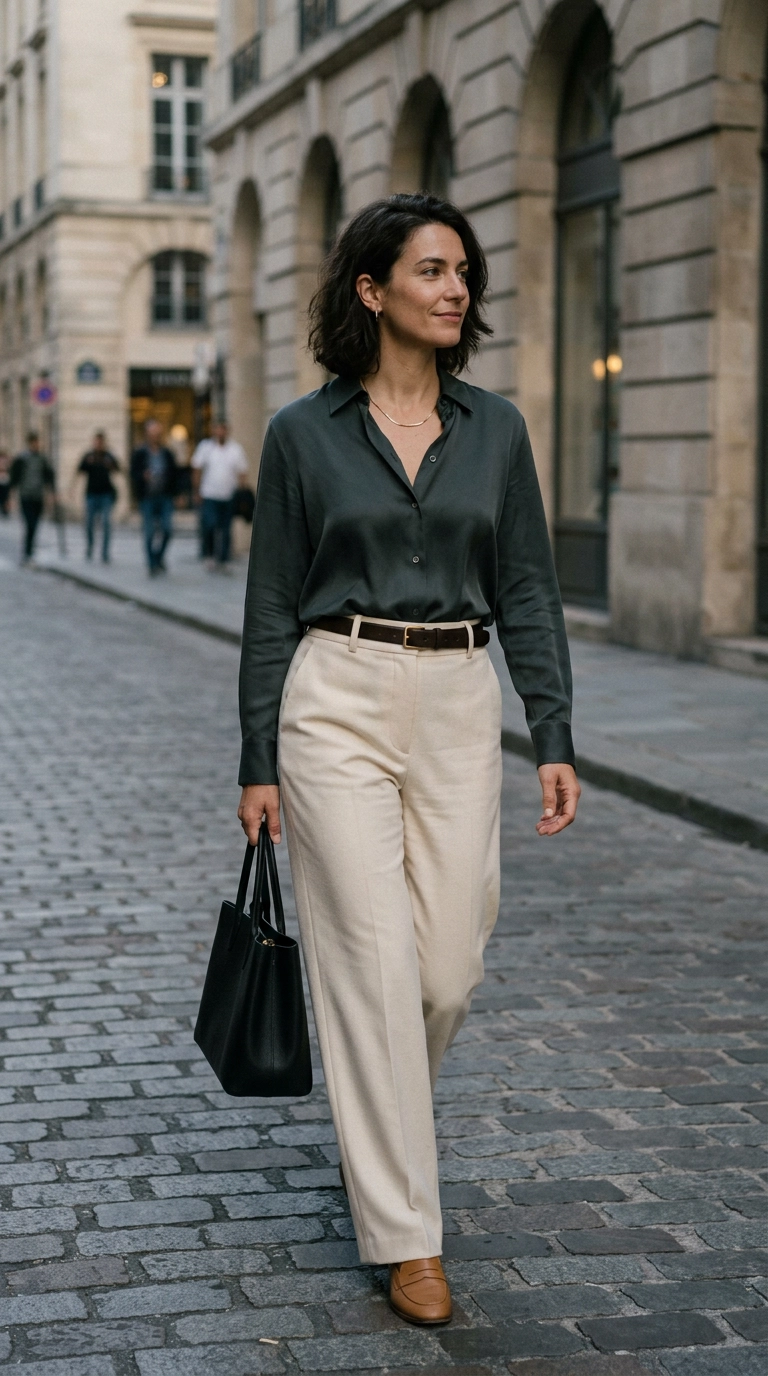 photorealistic luxury editorial fashion street style, shot on 35mm lens, highly detailed, ultra-realistic, soft natural lighting, editorial aesthetic. A woman in high-waisted wide-leg trousers and a tucked-in silk shirt. The waistline is perfectly flat and defined. Professional and polished look. No text. --ar 9:16