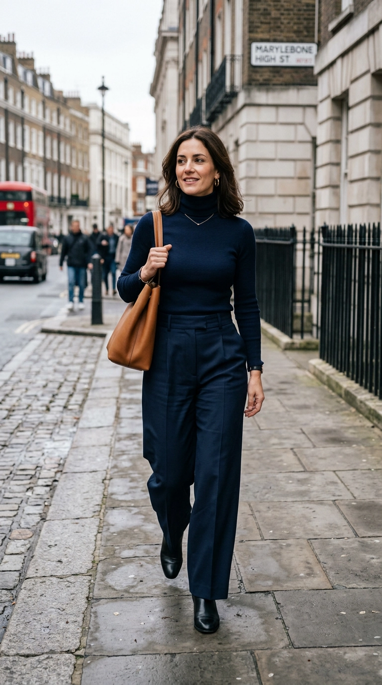 A sophisticated woman wearing a slim-fit navy turtleneck tucked into tailored wide-leg trousers, London street style, photorealistic luxury editorial fashion street style, shot on 35mm lens, highly detailed, ultra-realistic, soft natural lighting, editorial aesthetic, no text --ar 9:16