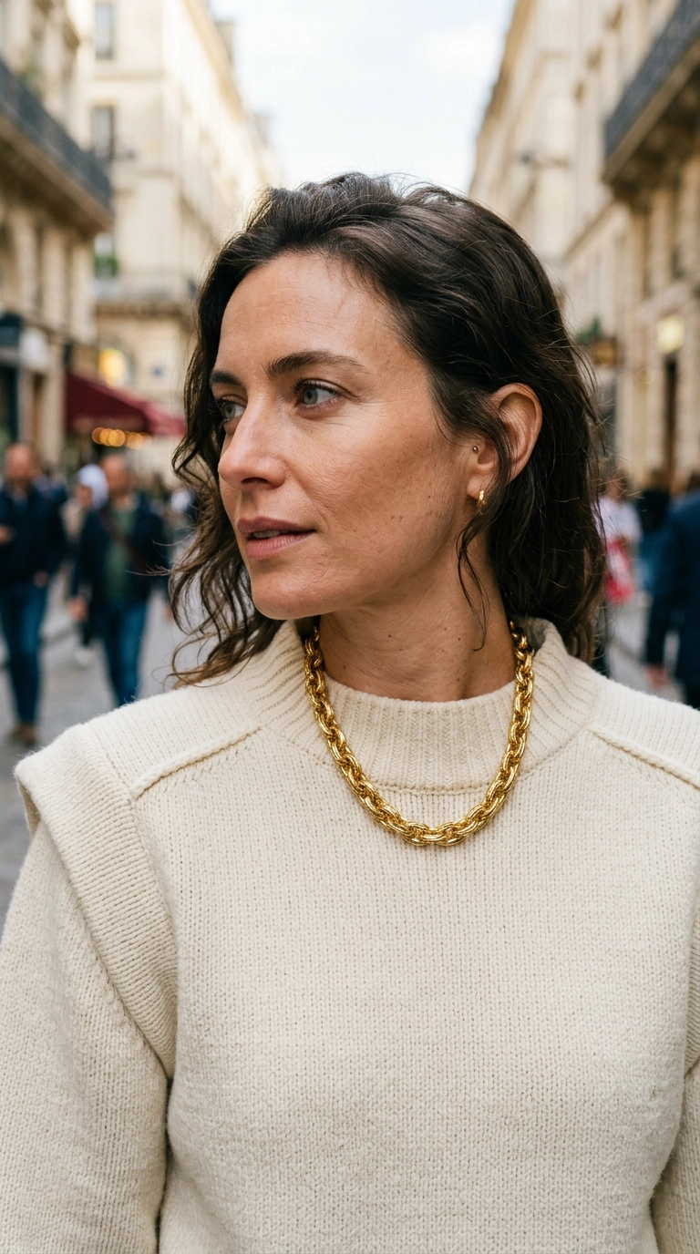 Close-up detail of a woman wearing a structured cream sweater with sharp shoulder seams and a gold necklace, photorealistic luxury editorial fashion street style, shot on 35mm lens, highly detailed, ultra-realistic, soft natural lighting, editorial aesthetic, no text --ar 9:16
