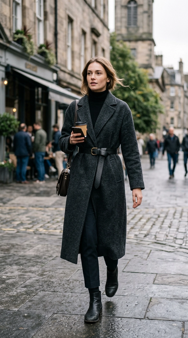 A street style model wearing a long charcoal wool coat cinched with a high-quality black leather belt, street style, photorealistic luxury editorial fashion street style, shot on 35mm lens, highly detailed, ultra-realistic, soft natural lighting, editorial aesthetic, no text --ar 9:16