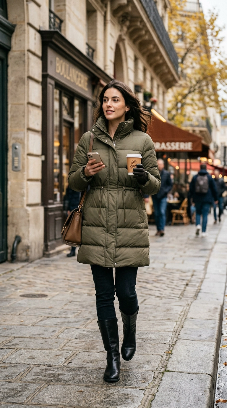 A woman wearing a mid-length quilted down coat with an internal drawstring waist and slim leather boots, photorealistic luxury editorial fashion street style, shot on 35mm lens, highly detailed, ultra-realistic, soft natural lighting, editorial aesthetic, no text --ar 9:16