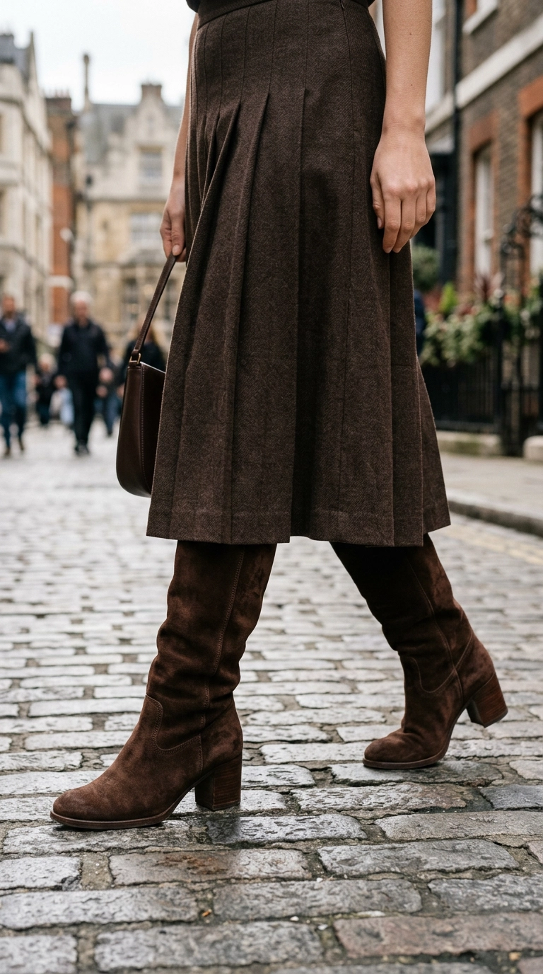 Detail shot of a woman's legs wearing dark brown suede boots that disappear under a matching midi skirt, photorealistic luxury editorial fashion street style, shot on 35mm lens, highly detailed, ultra-realistic, soft natural lighting, editorial aesthetic, no text --ar 9:16