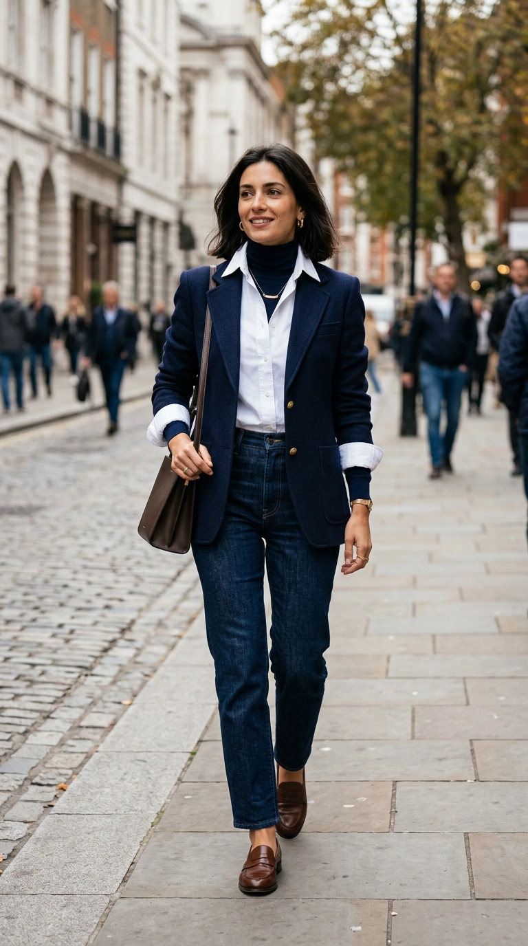 A chic woman layering a thin silk turtleneck under a crisp white button-down shirt and a tailored navy blazer, photorealistic luxury editorial fashion street style, shot on 35mm lens, highly detailed, ultra-realistic, soft natural lighting, editorial aesthetic, no text --ar 9:16