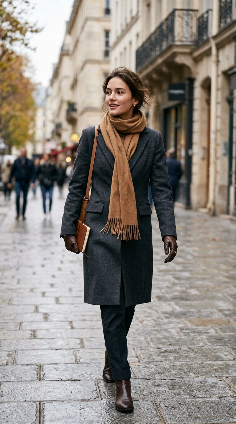 A woman wearing a sleek wool coat with a neatly draped cashmere scarf and small leather gloves, photorealistic luxury editorial fashion street style, shot on 35mm lens, highly detailed, ultra-realistic, soft natural lighting, editorial aesthetic, no text --ar 9:16
