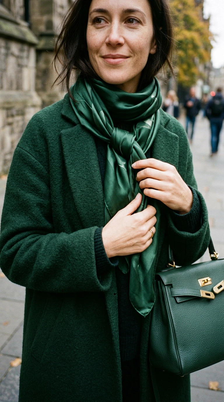 Close-up detail of a woman's outfit featuring a matte wool coat, a glossy silk scarf, and a leather handbag in varying shades of forest green, photorealistic luxury editorial fashion street style, shot on 35mm lens, highly detailed, ultra-realistic, soft natural lighting, editorial aesthetic, no text --ar 9:16